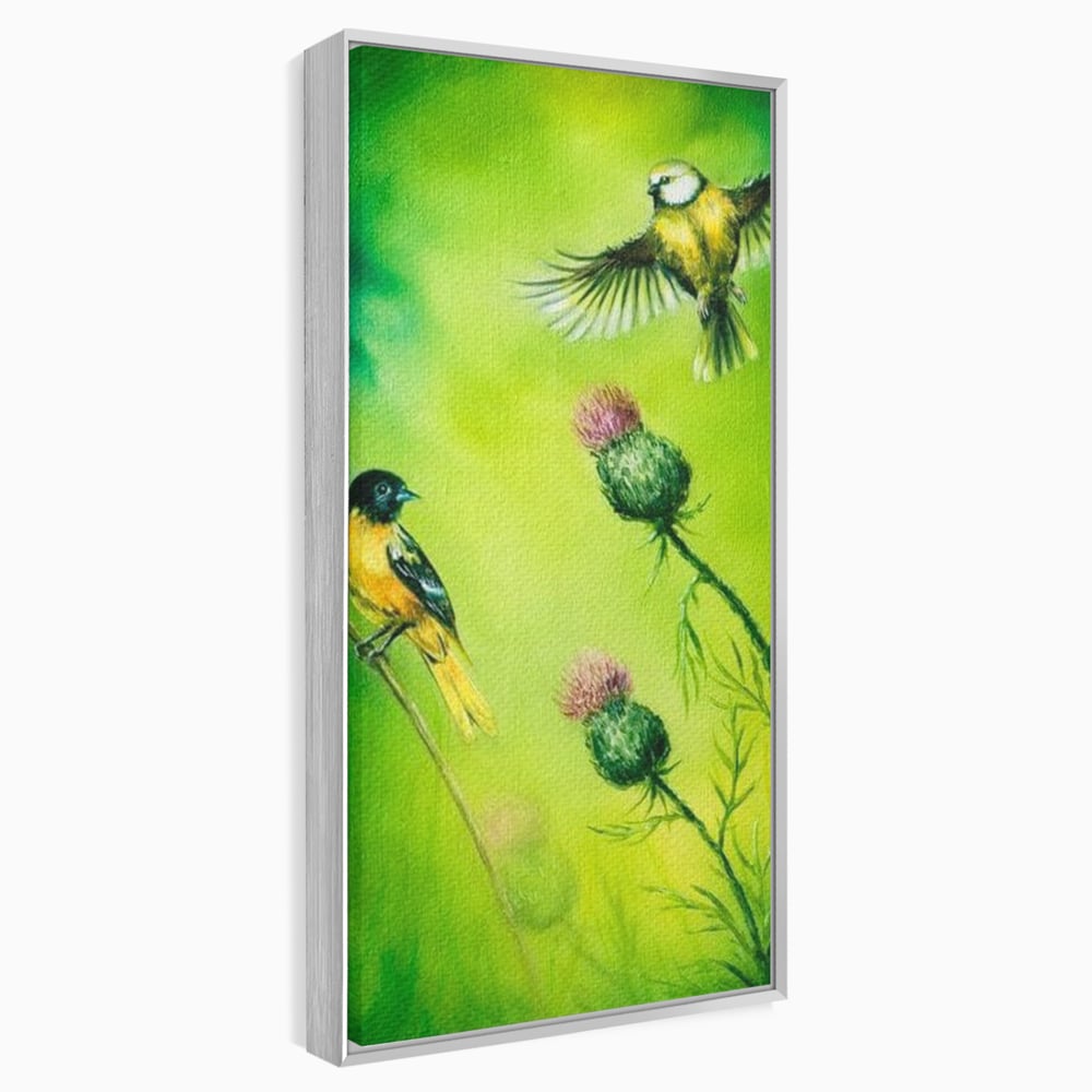 Tablou canvas cu tablou canvas cu pasari si ciulini, in rama de aluminiu argintiu